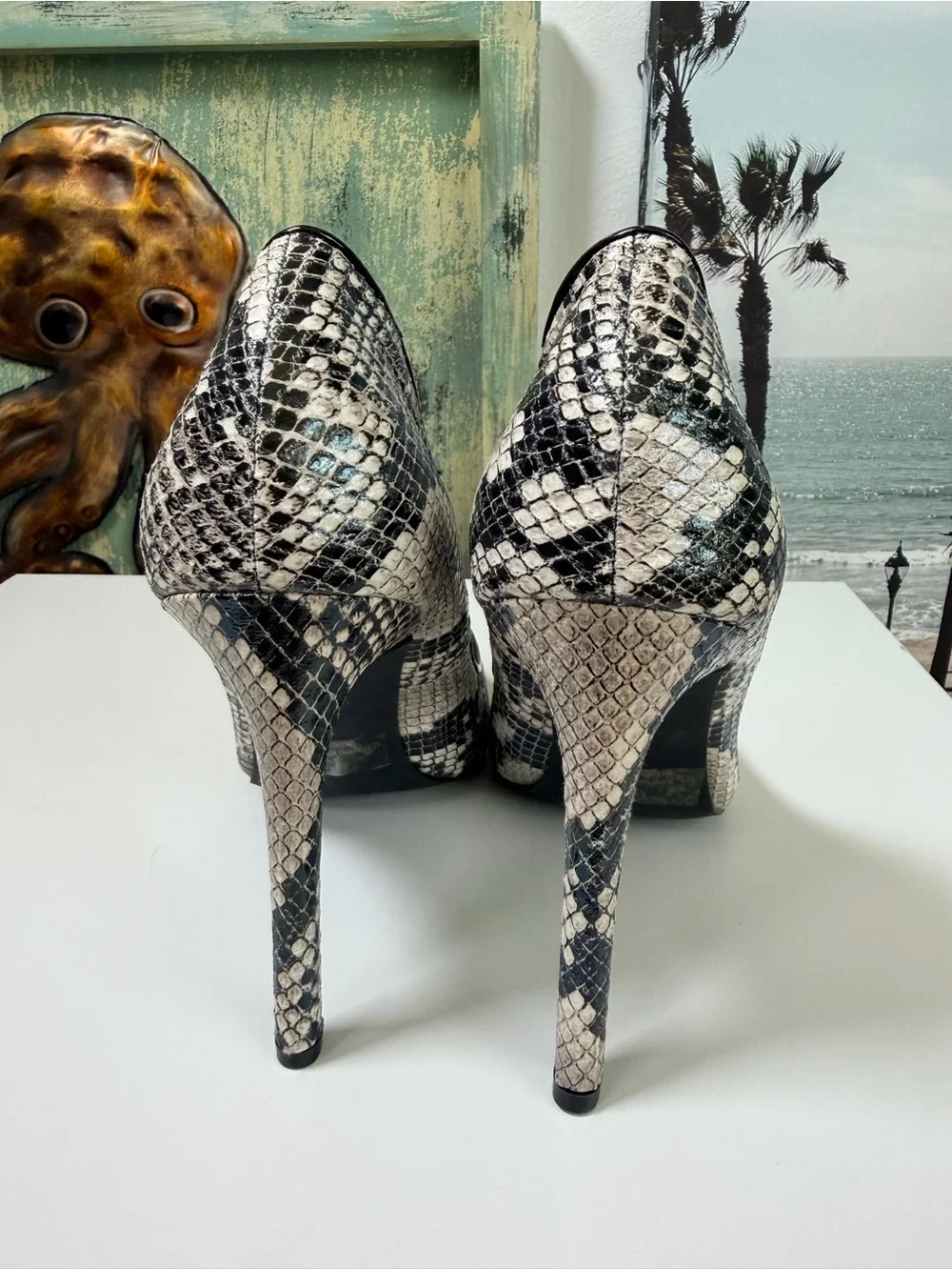 Snakeskin-Print Pointed Stiletto Pump in Black and Cream